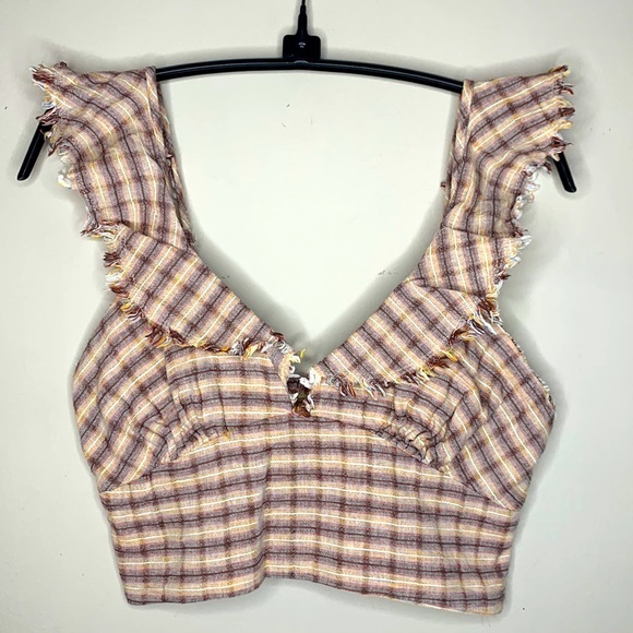 Mustard Seed Tops - Crop Ruffle Plaid Flannel Print Tank Top Weatern Country Rustic Mustard Seed M